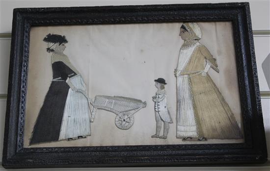 A pair of naive 19th century silk work collage pictures, overall 13 x 9in. incl. frame